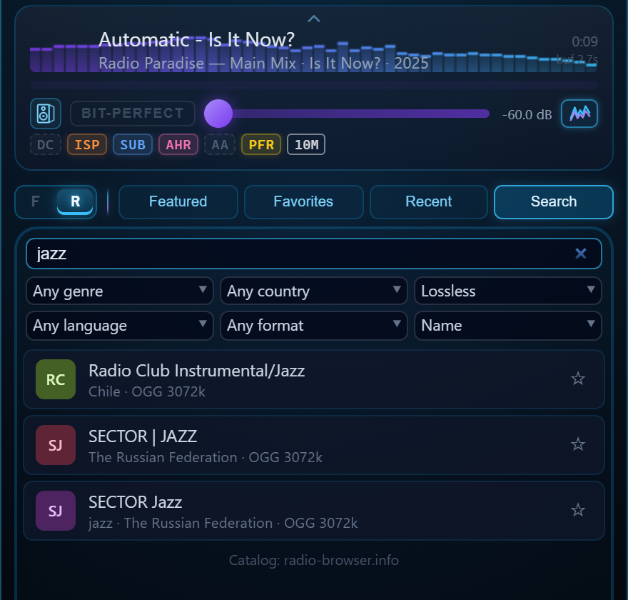 The Search tab: jazz, lossless only