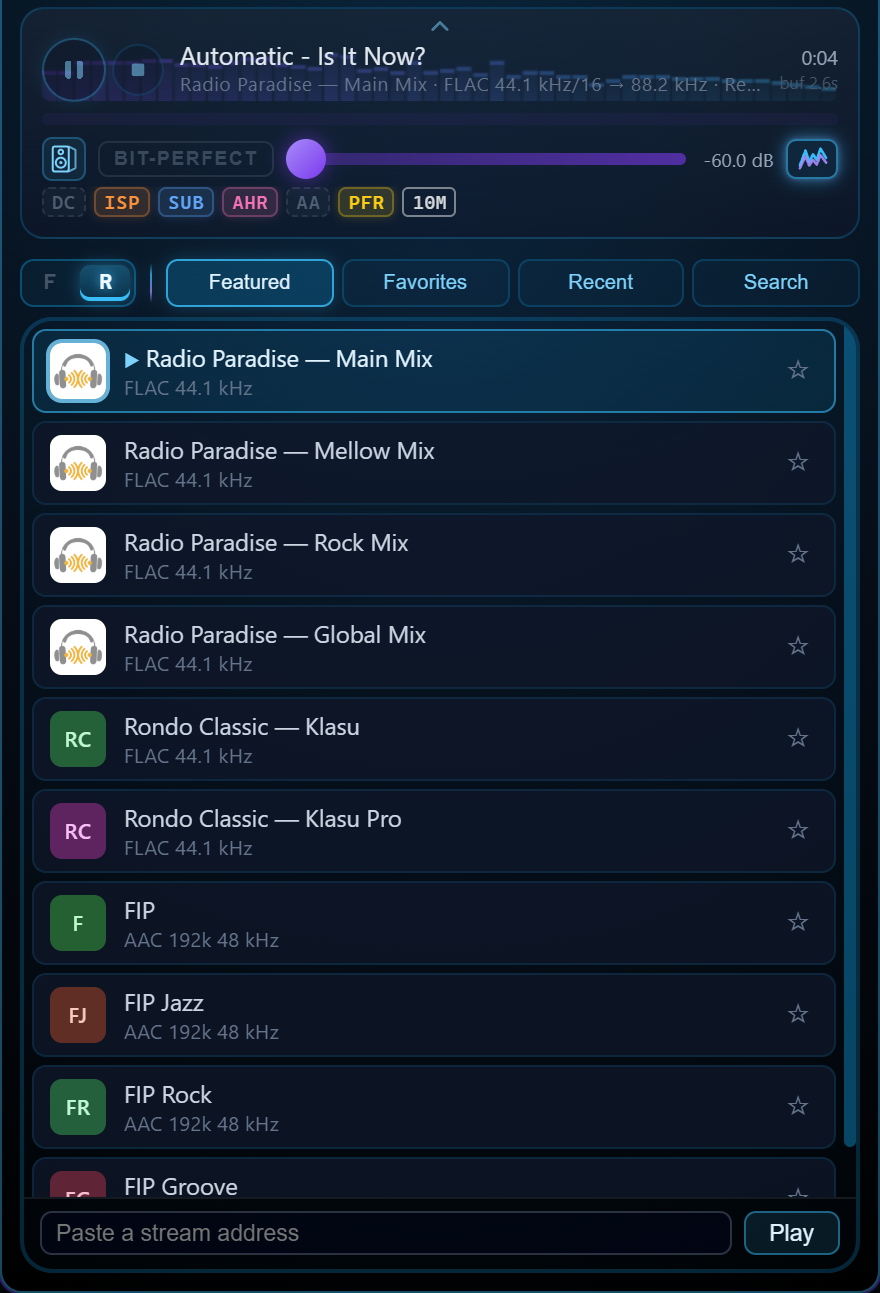 Radio Paradise's FLAC stream playing through the rack, above the featured stations